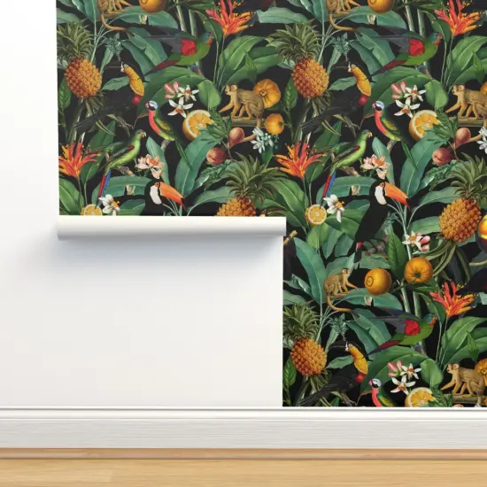 Pre-Pasted Wallpaper 2FT Wide Nature Botanical Tropical Toucans Monkeys Parrots Custom Pre-pasted Wallpaper by Spoonflower {2}