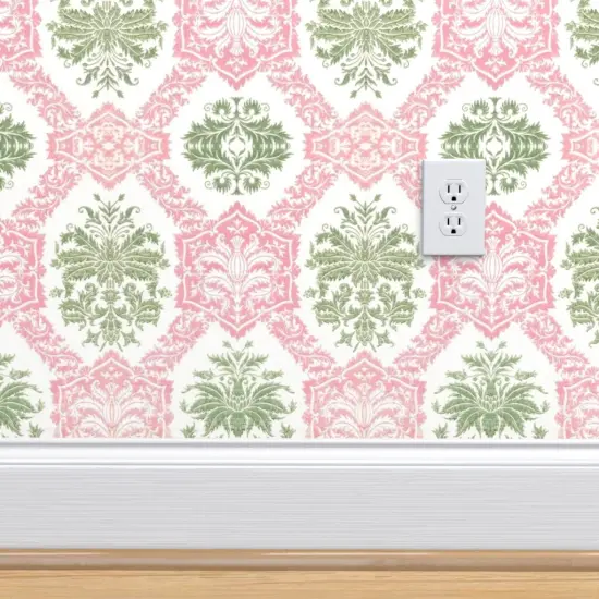 Peel & Stick Wallpaper 2FT Wide Indian Block Print Bombay Pink And Green Colonial Custom Removable Wallpaper by Spoonflower {4}