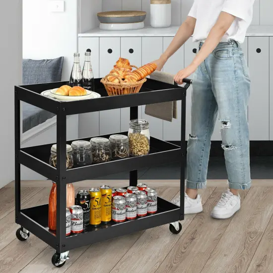 3-Tier Utility Cart Metal Mental Storage Service Trolley Black {1}