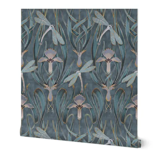 Peel & Stick Wallpaper 2FT Wide Art Nouveau Deco Gray Blue Nature Floral Lillies 1920S Custom Removable Wallpaper by Spoonflower {7}