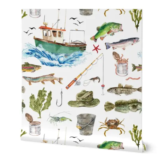 Peel & Stick Wallpaper 2FT Wide Watercolor Adventure Fish Boat Nautical Custom Removable Wallpaper by Spoonflower {7}