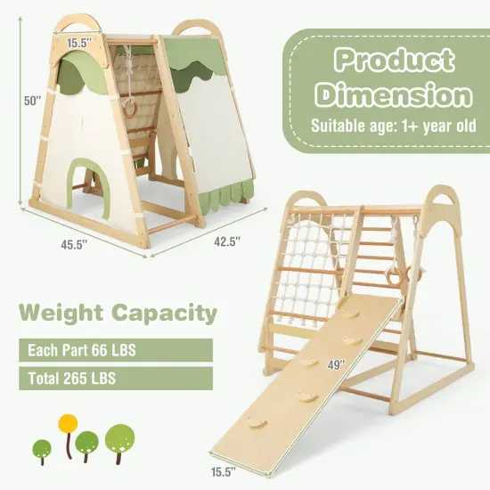 6-in-1 Wooden Kids Jungle Gym Playset with Slide Climbing Net-Natural {4}