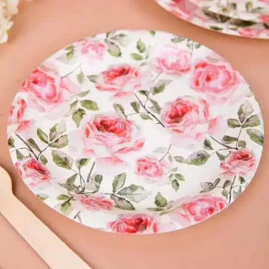 25 WHITE 7" Round Paper Plates with PINK Rose Flowers Design {3}