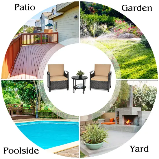 Costway 3PCS Patio Rattan Furniture Set Cushioned Sofa Storage Table W/ Shelf Garden {5}