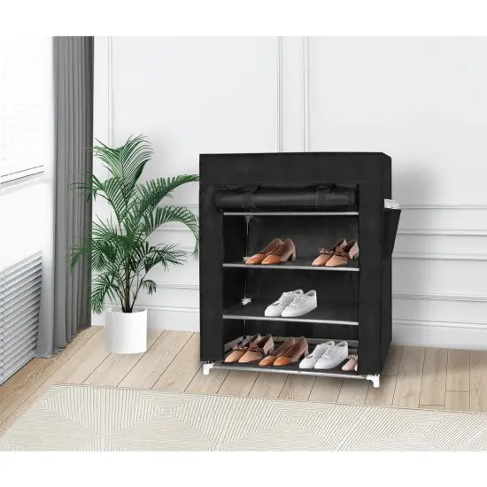 4 Tier Shoe Rack with Side Pocket Holds 24 Shoes Black {2}