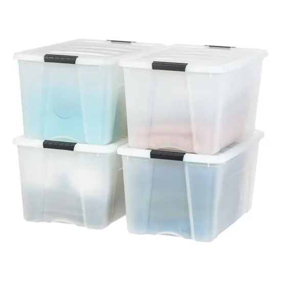 IRIS USA 72 Qt Stackable Plastic Storage Bins with Lids, 4 Pack - BPA-Free, Made in USA - Discreet Organizing Solution, Latches, Durable Nestable Containers, Secure Pull Handle - Pearl {1}