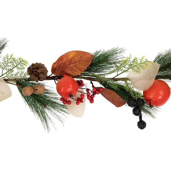 Northlight Mixed Berry, Leaves and Pomegranate Fall Harvest Garland - 6' x 10" - Green and Orange Red {5}
