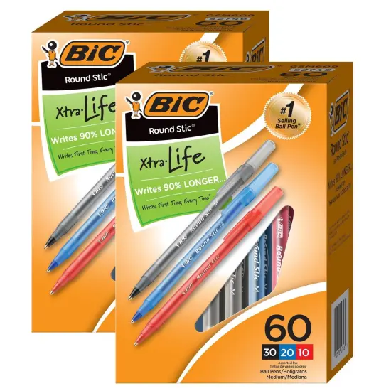 Round Stic&reg; Xtra Life Ballpoint Pen, Medium Point (1.0mm), Assorted, 60 Per Box, 2 Boxes {1}