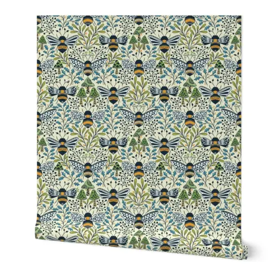 Peel & Stick Wallpaper 2FT Wide Mushroom Botanical Bumblebee Pollinator Medium Scale Blue Green Gold Custom Removable Wallpaper by Spoonflower {7}