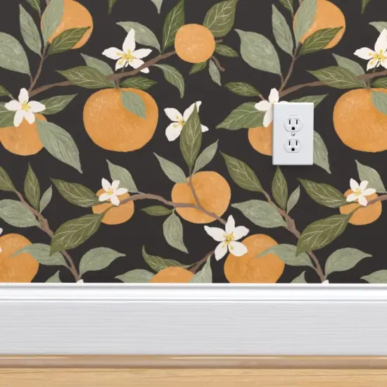 Pre-Pasted Wallpaper 2FT Wide Oranges Citrus Fruit Botanical Leaves Dark Background Custom Pre-pasted Wallpaper by Spoonflower {4}