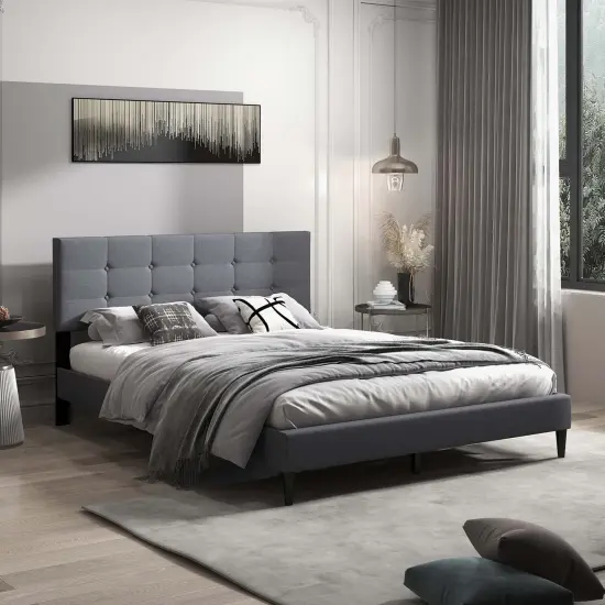 Costway Queen Upholstered Platform Bed Mattress Foundation Button Tufted Headboard Blue/Grey {5}
