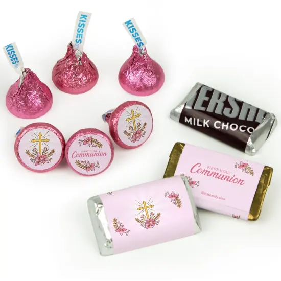 Girl 1st Holy Communion Candy Party Favors (Choose 100 Pcs Milk Chocolate Hershey's Kisses, 40 Pcs Wrapped Miniatures or Both) - Pink {2}