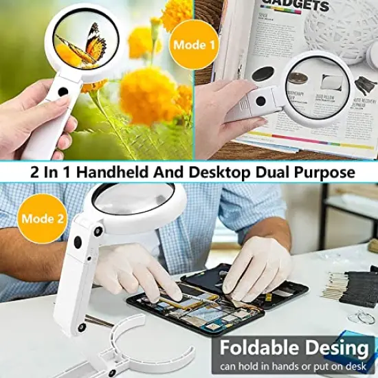 30X 10X Magnifying Glass with Light and Stand, Foldable Handheld Magnifying Glass & 2 Level Dimmable for Close Work, Macular Degeneration, Seniors Reading, Powered by Battery or USB {5}