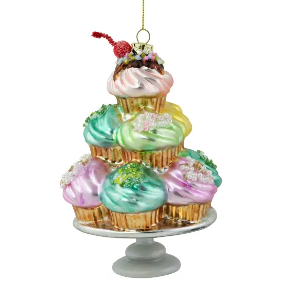Northlight 6" Pink and Blue Cupcake Tower Glass Christmas Ornament {1}