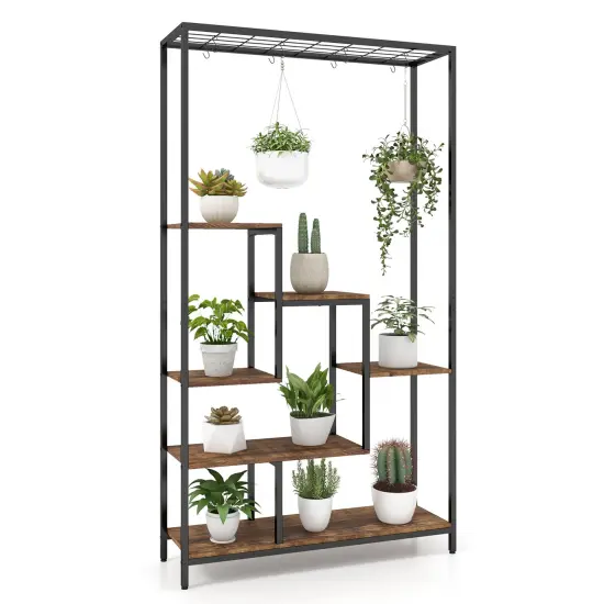 6-tier Tall Plant Stand 71" Metal Indoor Plant Shelf With 10 Hanging Hooks Rustic Brown {3}
