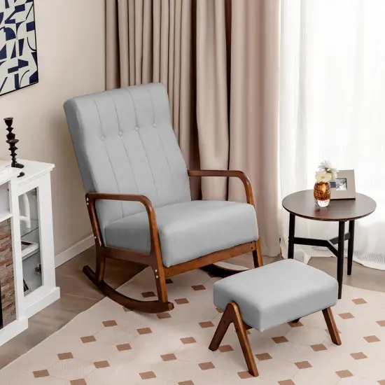 Costway Rocking Chair with Ottoman Upholstered Fabric Glider Rocker Solid Wood Beige/Grey {2}