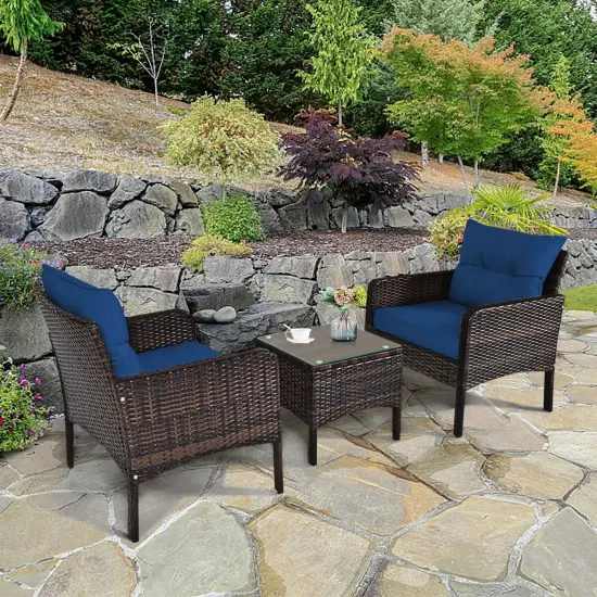 3 Pieces Outdoor Patio Rattan Conversation Set with Seat Cushions Navy {6}