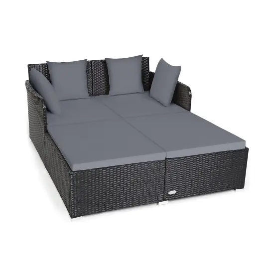 Spacious Outdoor Rattan Daybed With Upholstered Cushions And Pillows Grey {3}