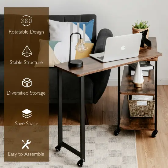Costway Patented Sofa Side End Table 360&deg; Rotating Bookcase w/Storage Shelves & Wheels Brown/Rustic Brown/Natural {6}
