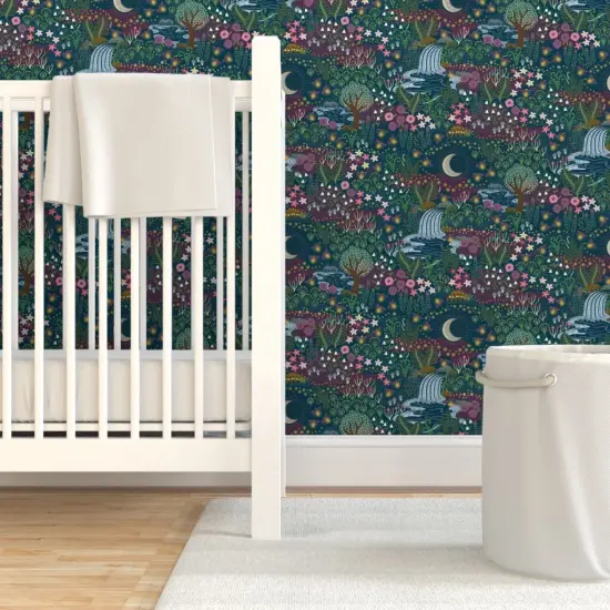Pre-Pasted Wallpaper 2FT Wide Green Garden Nigh Moon Meadow Fireflies Magical Waterfall Dreamy Landscape Hand Painted Whimsical Nightlife Floral Botanical Small Scale Custom Pre-pasted Wallpaper by Spoonflower {7}