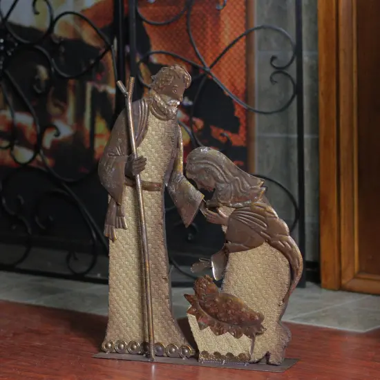 Melrose 17" Rustic Metal Holy Family Nativity Scene With A Burlap Design Christmas Table Top Decoration Silver {4}