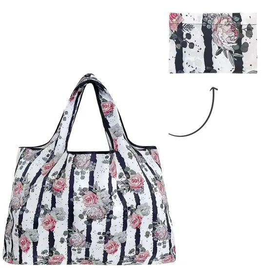 Large Foldable Tote Nylon Reusable Grocery Bags, Rose & Stripes {4}