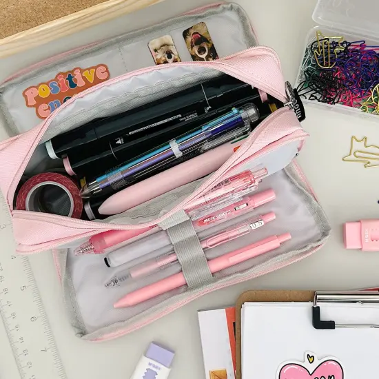 Wrapables Large Capacity Pencil Case, 3 Compartment Pencil Pouch for Stationery Pens Pink {5}