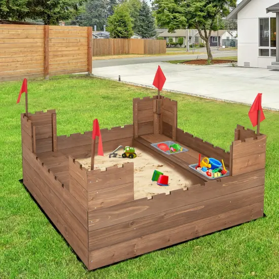 Kids Wooden Sandbox with Bottom Liner and Red Flags {2}