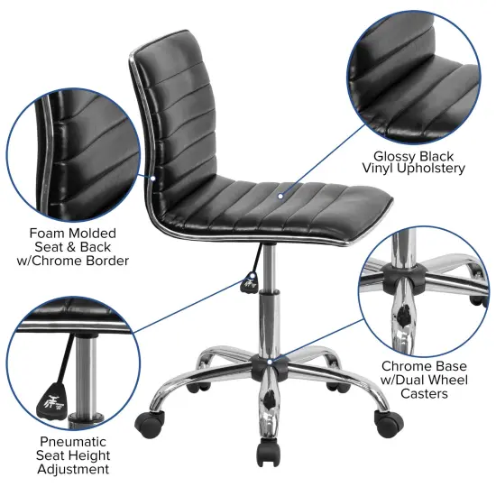 Merrick Lane Amelie Home Office Chair Ergonomic Executive Ribbed Low Back Armless Computer Desk Chair - Base, Frame & Border BlackVinyl/Chrome {2}