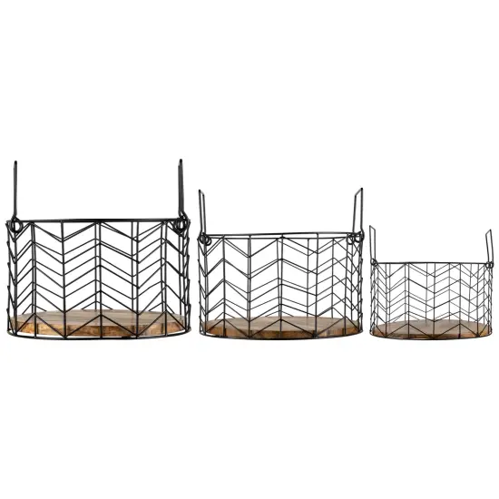 Northlight Round Iron Nesting Baskets with Natural Wood Base - 14" - Set of 3 Black {1}