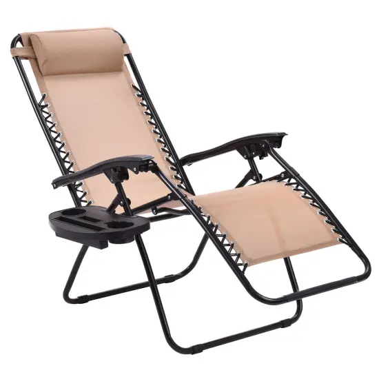 Costway 2PCS Zero Gravity Chairs Lounge Patio Folding Recliner Beige W/Cup Holder {5}