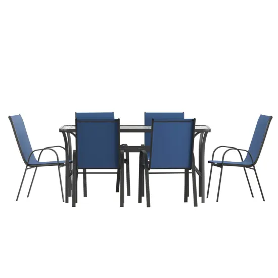 Merrick Lane Bardwell 7 Piece Outdoor Dining Table Set for 6 with Glass-Top Patio Table and 6 Stack Chairs with Flex Comfort Material Navy {1}