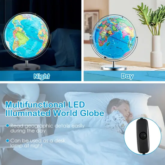 13" Illuminated World Globe 720&Acirc;&deg; Rotating Map with LED Light {3}