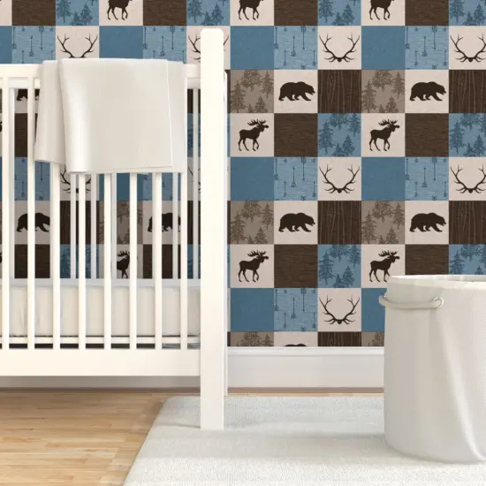 Pre-Pasted Wallpaper 2FT Wide Brown Woodland Bears Patchwork Moose Antlers Wildlife Cabincore Tree Arrows Cheater Quilt Nature Cabin Custom Pre-pasted Wallpaper by Spoonflower {7}