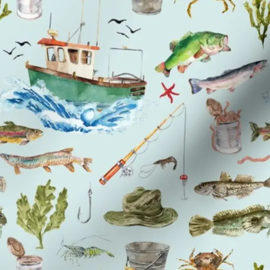 Various Fabrics by the Yard or Fat Quarter Watercolor Adventure Fish Boat Nautical Light Blue Custom Printed Fabric by Spoonflower {7}