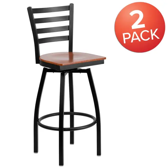 Emma and Oliver 2 Pack Ladder Back Swivel Metal Barstool BlackVYL/BlackMetal {10}