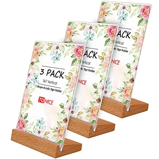 3 Pack 5x7 Acrylic Sign Holder Slant Back Design L Shape Clear Acrylic Frames Wood Base, Table Menu Display Stand Flyer Display for Desk Display (Optional 8.5x11/5x7 Inch L/T Shape) {1}