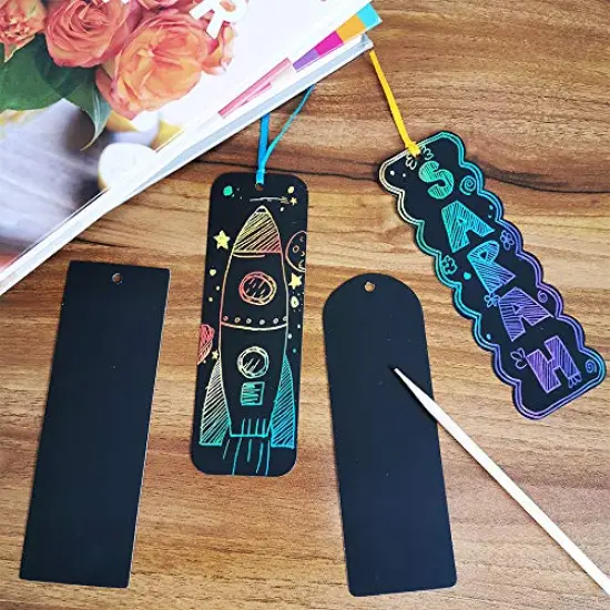 36 Pieces 4 Style Magic Scratch Rainbow Bookmarks Making Kit for Kids Students Party Favor Scratch Paper DIY Bookmarks Bulk with Scratching Tools Satin Ribbons for Classroom Activities {5}