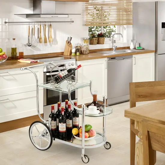 Kitchen Glass Shelves Metal Frame Serving Rolling Cart {6}