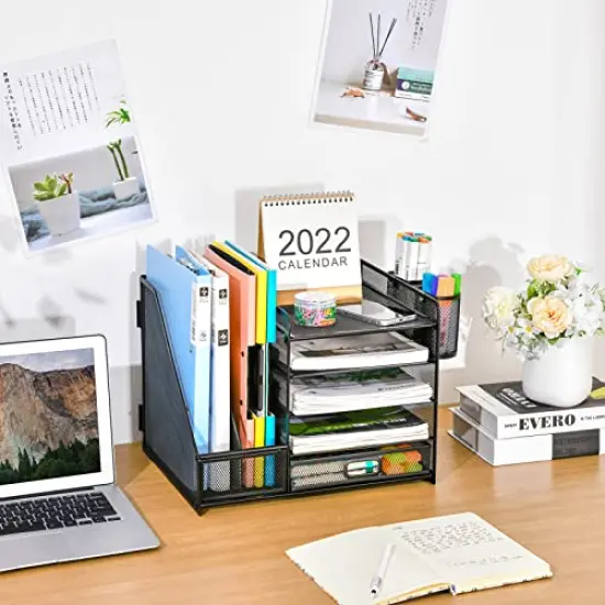 Marbrasse Desk Organizer with File Holder, 5-Tier Paper Letter Tray Organizer with Drawer and 2 Pen Holder, Mesh Desktop Organizer and Storage with Magazine Holder for Office Supplies(Black) {6}