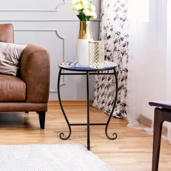 Steel Mosaic Round Accent Table for Patio Lawn Garden Blue ocean {2}