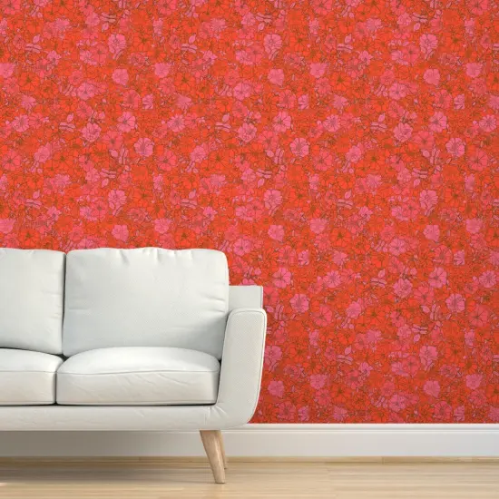 Peel & Stick Wallpaper 2FT Wide Red Floral Pink Retro Flowers Hand Drawn Small Scale Monochromatic Custom Removable Wallpaper by Spoonflower {5}