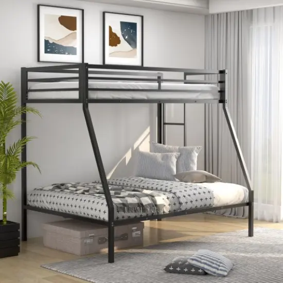Metal Twin Over Full Bunk Bed, Sturdy, Modern and Safe Black {2}