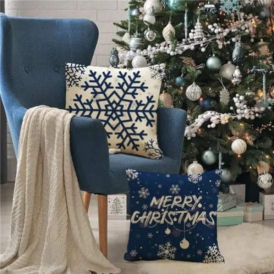 KISVODS Christmas Pillow Covers 18×18 Set of 4 Christmas Decorations Christmas Throw Pillow Covers Holiday Rustic Linen Christmas Pillow Case for Sofa Couch Blue Snowflake Pillow Covers {5}