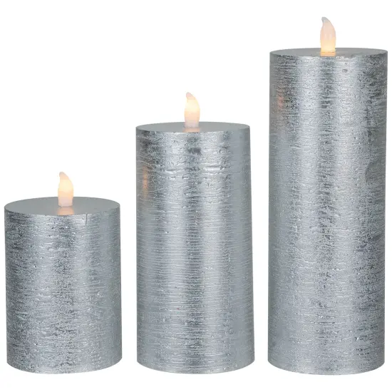 Northlight Flameless Flickering LED Wax Pillar Candles - 8" - Brushed Silver - Set of 3 {1}