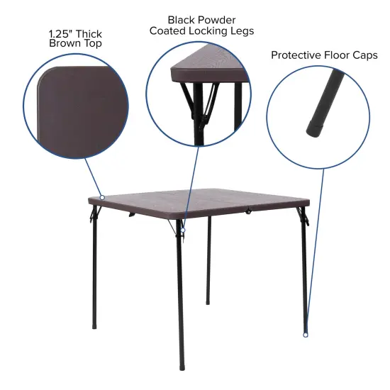 Emma and Oliver 2.83-Foot Square Bi-Fold Plastic Folding Table with Carrying Handle Brown {2}