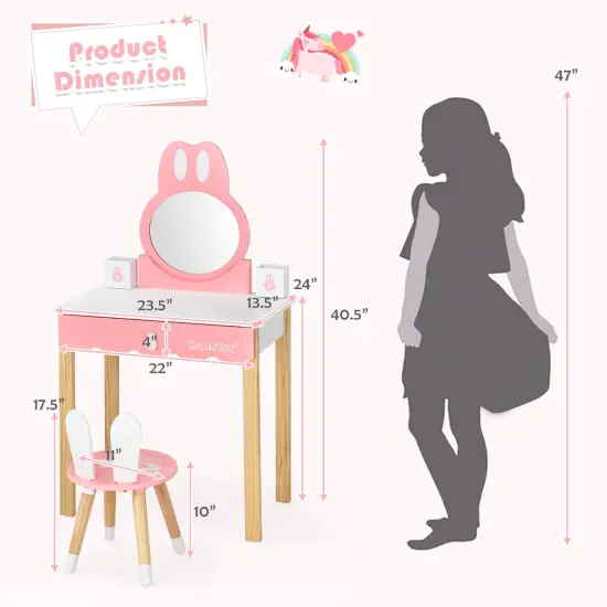 Kids Vanity Set Rabbit Makeup Dressing Table Chair Set with Mirror and Drawer White {4}