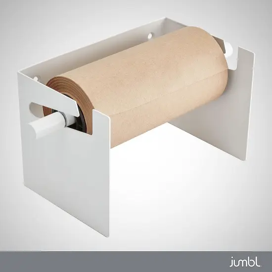 Jumbl Wall Mounted Kraft Paper Dispenser, Hanging Craft Paper Roll Holder with Paper Cutter (White) {6}