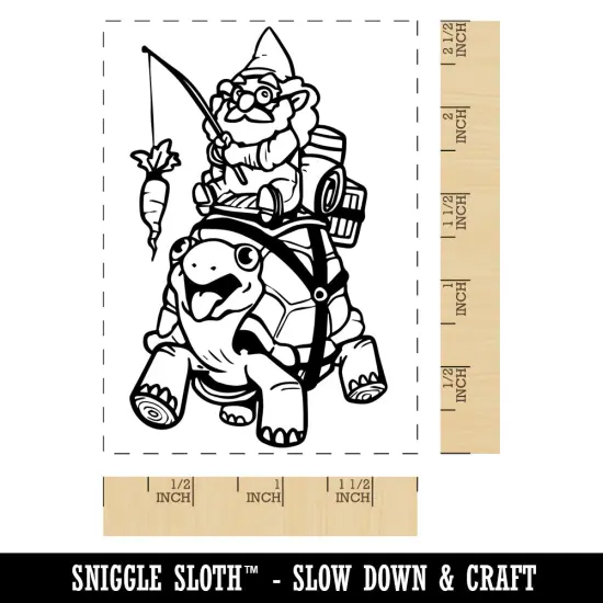 Wise Garden Gnome Riding Turtle with Carrot on a Stick Rectangle Rubber Stamp for Stamping Crafting {1}