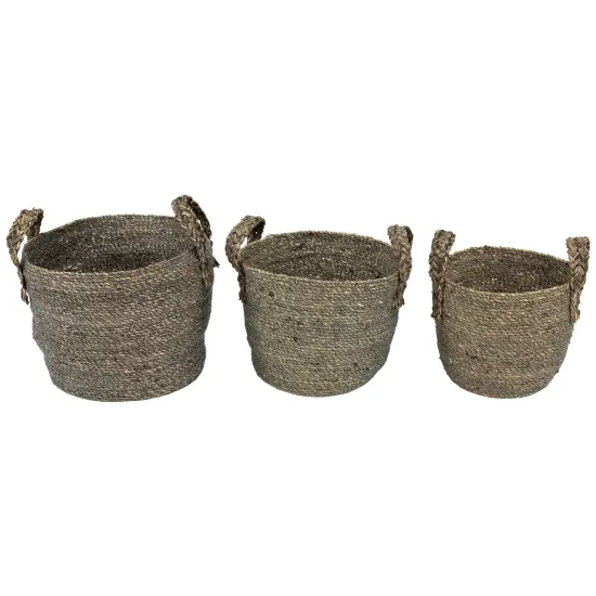 Northlight Set of 3 Dark Brown Round Seagrass Storage Baskets with Braided Handles 13.5" {1}
